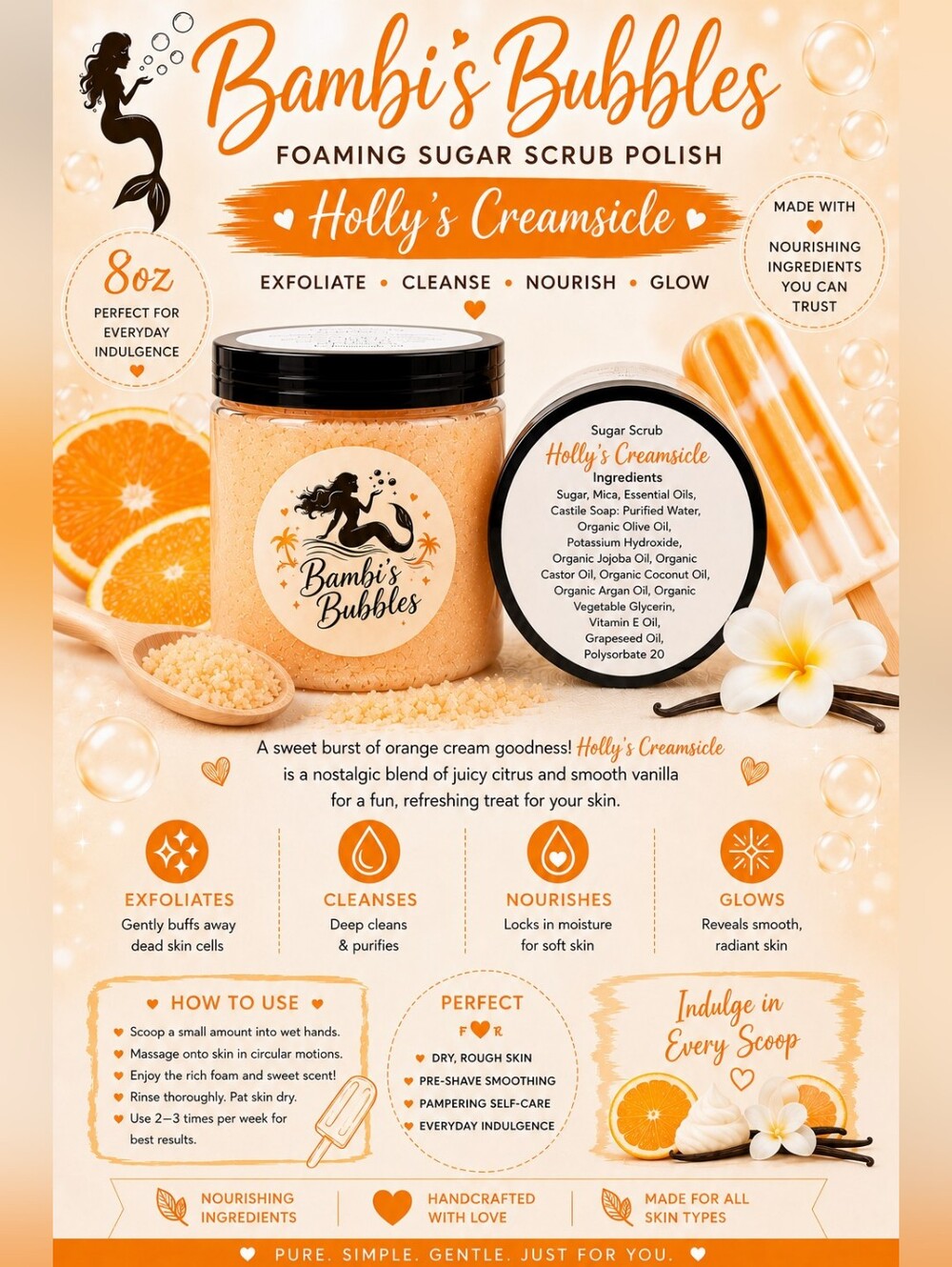 Holly's Creamsicle 8oz Hand Crafted Foaming Sugar Polish Scrub